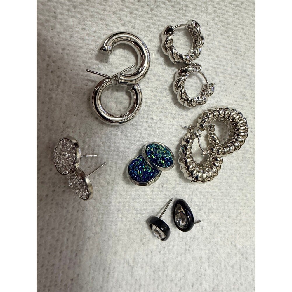 Unbranded Earring Set 6-Pair Mixed Hoops and Studs OS Silver Sparkly Bundle Gift
